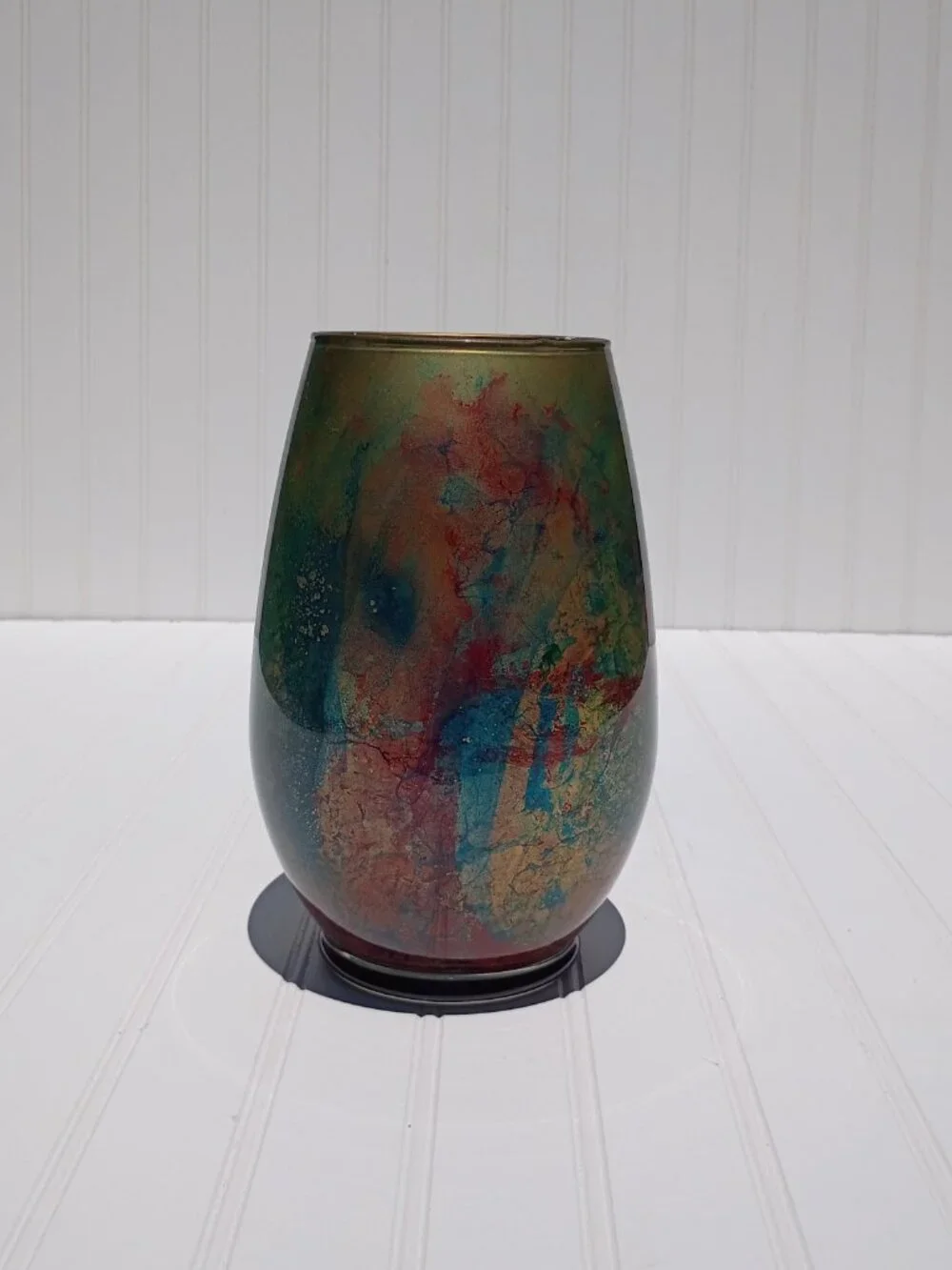 Vintage Hand Painted Art Glass Vase Abstract Swirl Green Red Gold Colorful Decor